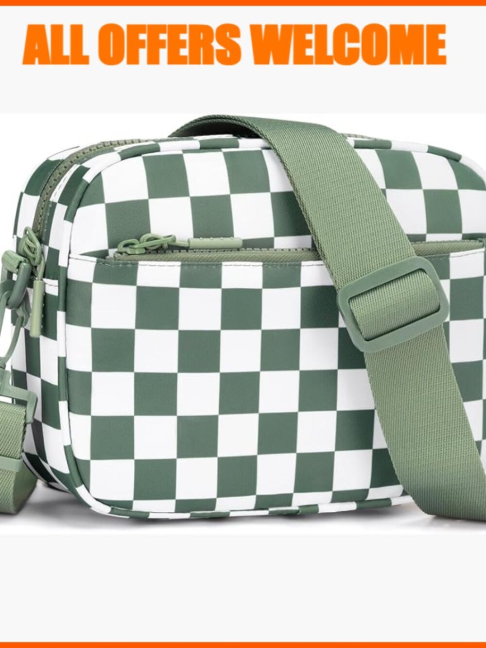 Checkered Crossbody Bag with Wide Strap, Polyester Nylon